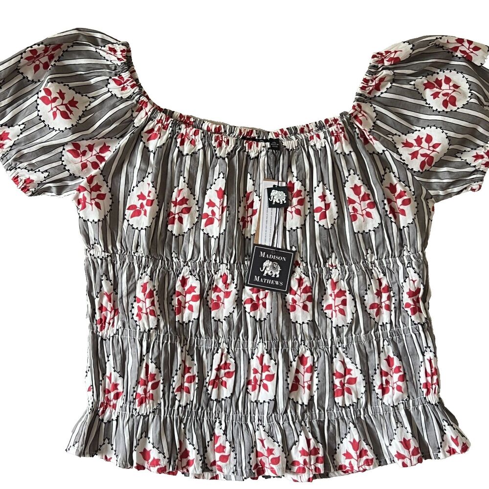 Madison Mathews Crop Top XL Smocking Stretch 100% Cotton NWT